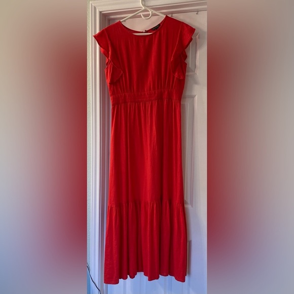 For Cynthia Linen blend tiered maxi bright coral dress with flutter sleeves - Picture 1 of 5